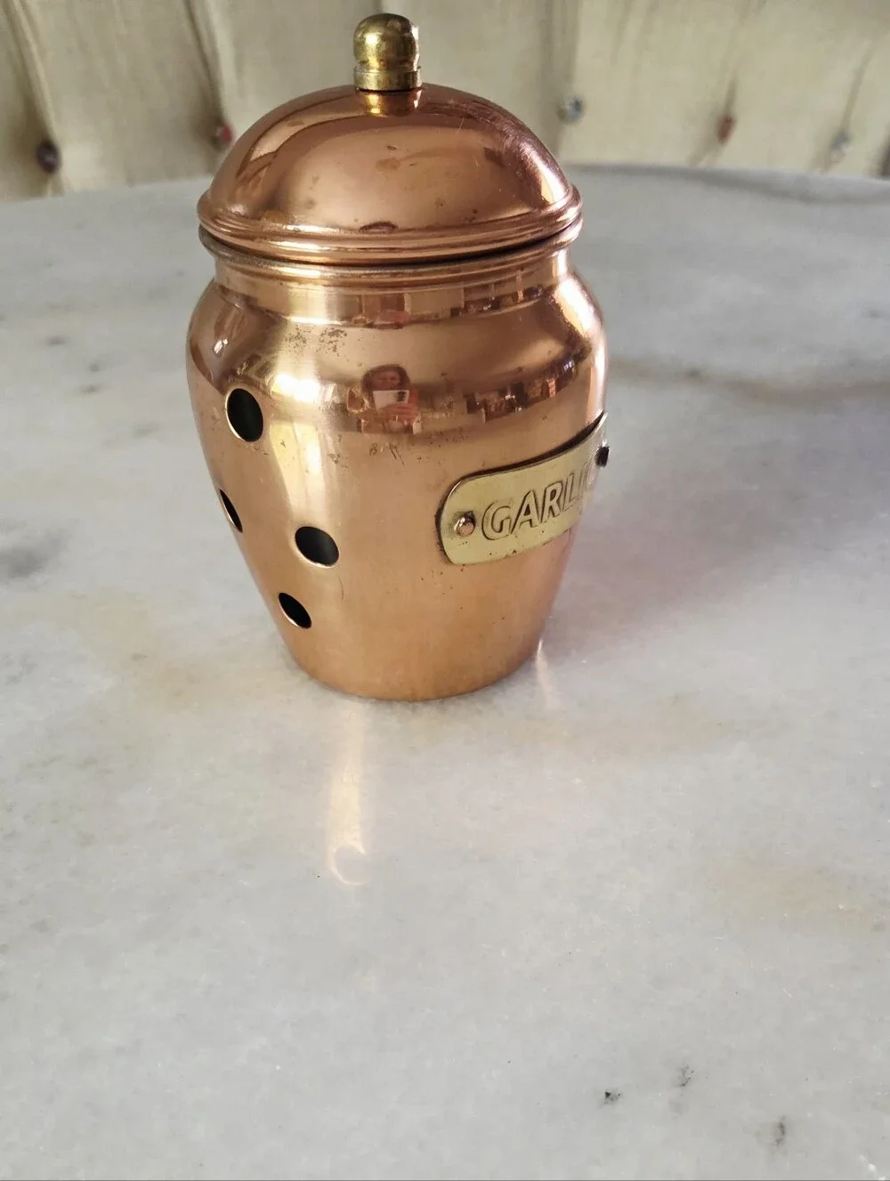 Vintage Copper Garlic Keeper Storage Jar + Lid, Brass Plaque, Ventilation Holes